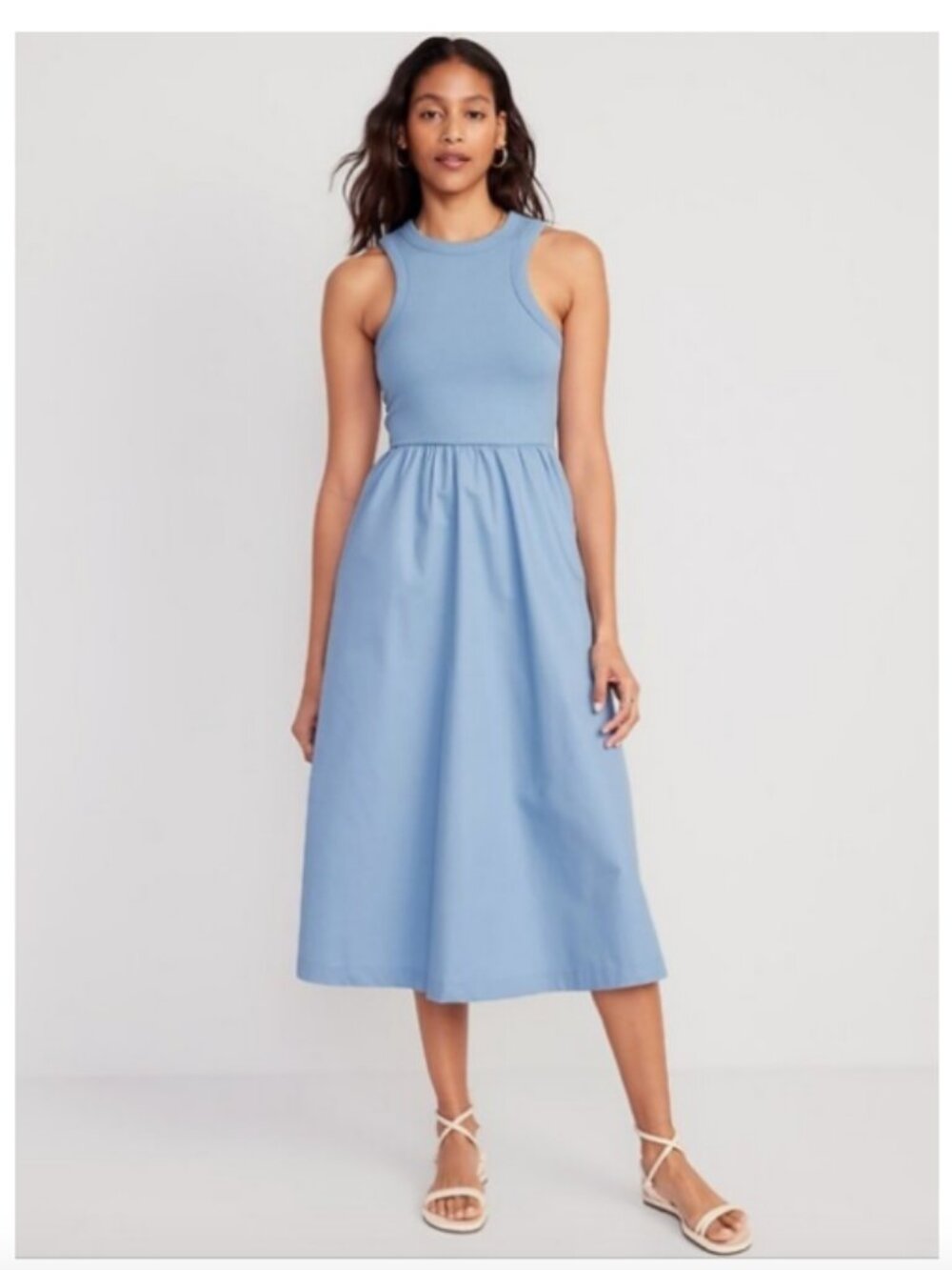 OLD NAVY Fit&Flare Combination Midi Dress Blue Flourite Coastal S Cotton Pockets